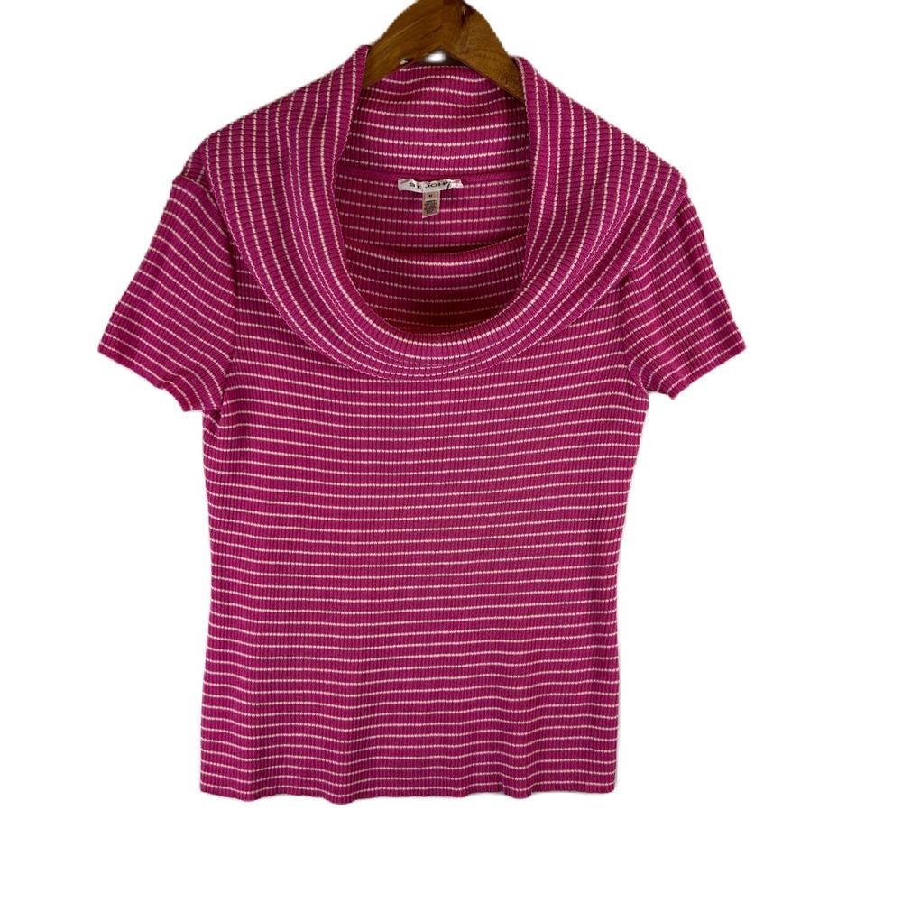 St John Womens Pink White Striped Wool Blend Cowl Neck Ribbed Knit Top Size M‎